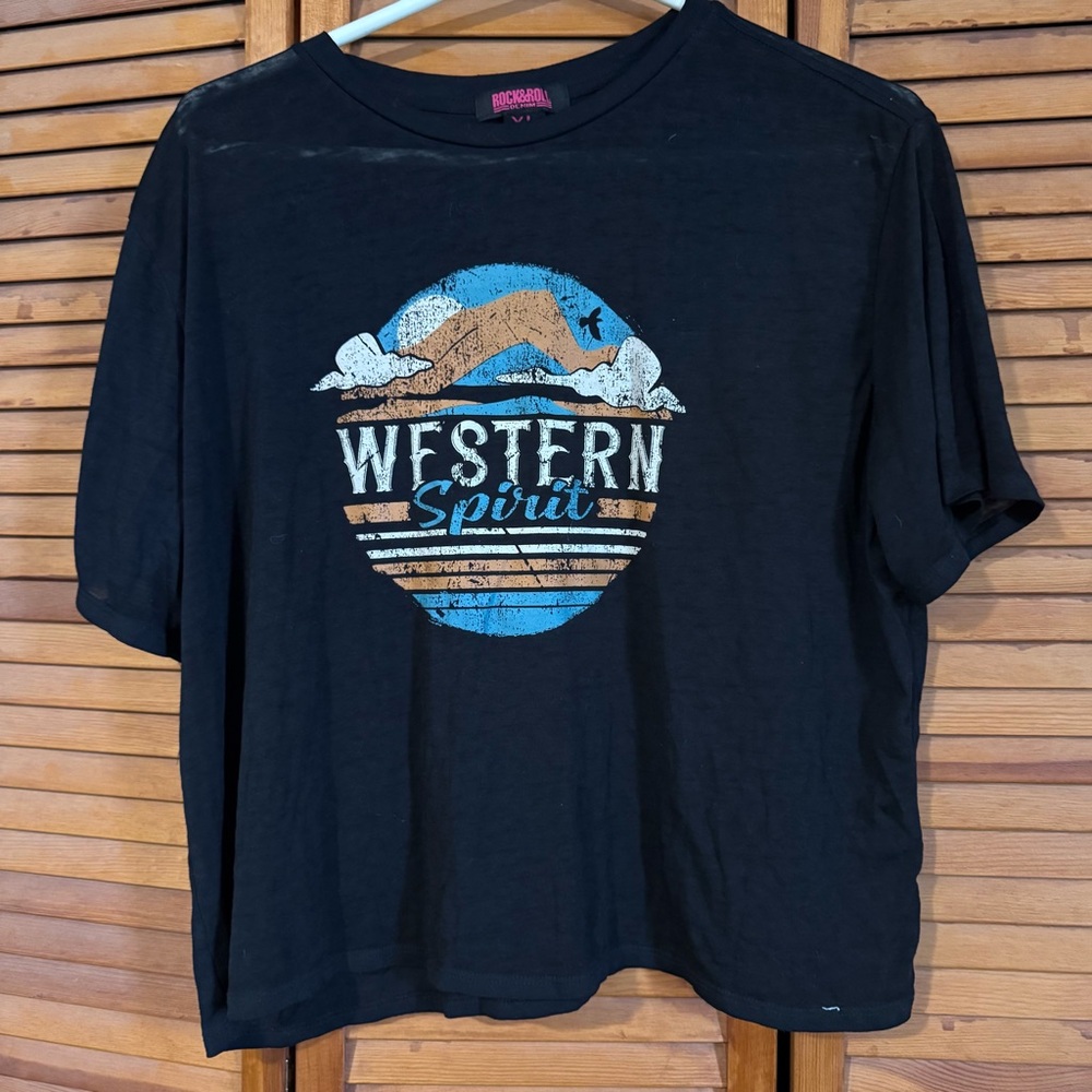 Rock & Roll Western Spirit Crop Tee - Black with Blue & Tan Graphic